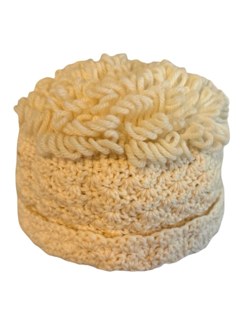 Vintage Handmade Crocheted Cream Bucket Hat Loop Fringe Boho Cottagecore Adult O